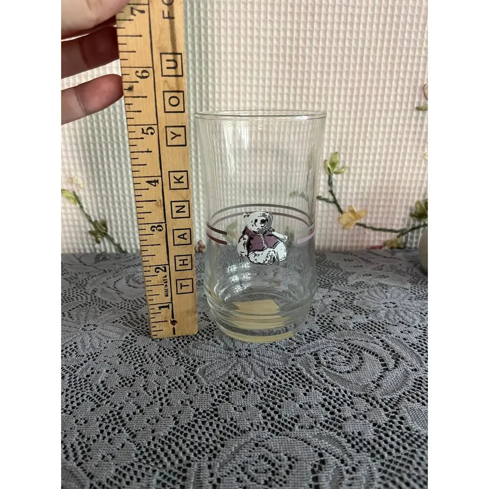Vintage Teddy Bear Juice Glass Small Tumbler Pink Stripe Bands Retro Nursery